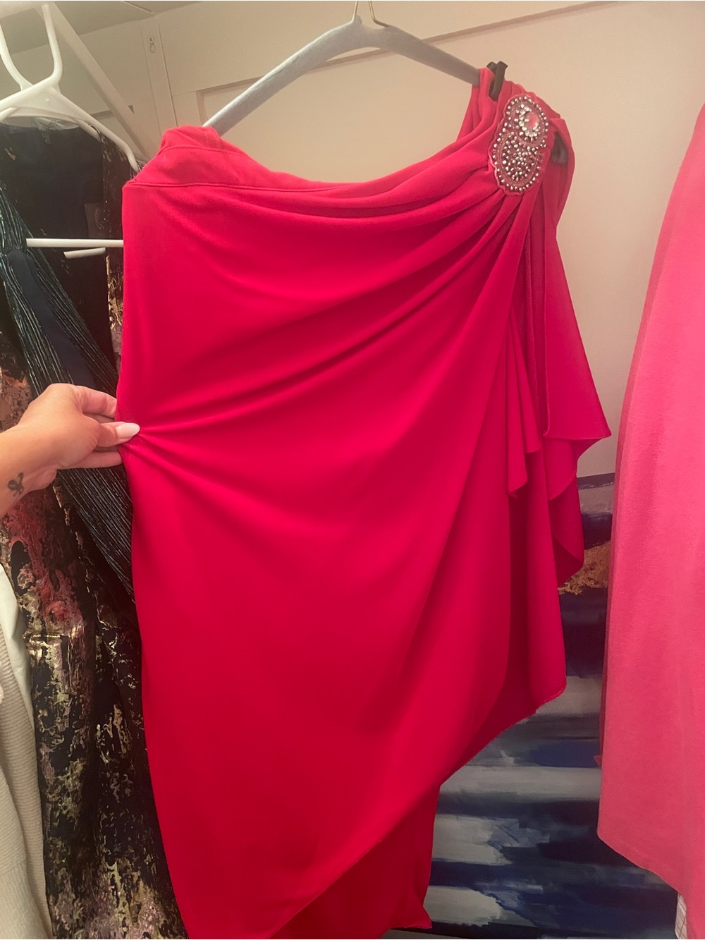 JS Boutique One-Shoulder Red Dress with Jeweled Brooch